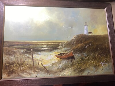 Large Engel ''Seaside Landscape With Lighthouse'' Oil Painting - Signed And Framed