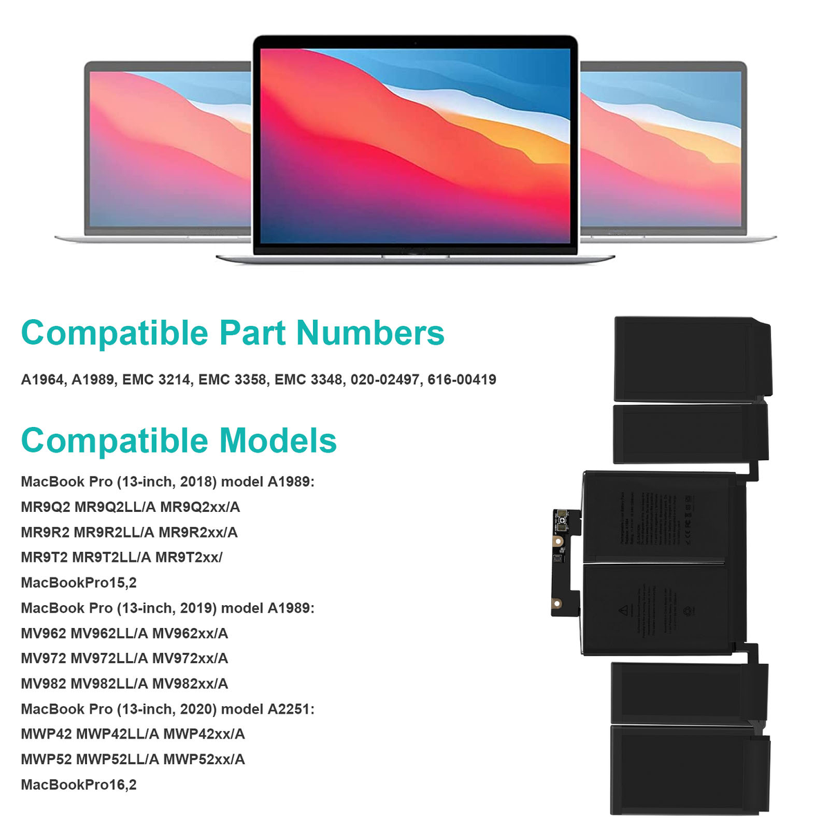 A1989 Accu voor MacBook Pro 13 inch A1989 (2018, 2019) A2251 (2020) Batterij A1964