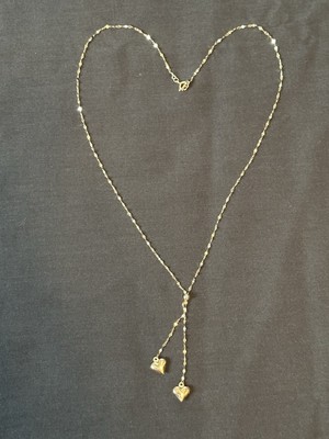 14K Yellow Gold Double Heart Lariat Necklace 18'' Y Dangling Hearts