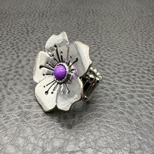Flower Statement Ring Silver Tone Stretch Band Adjustable Purple Center Costume