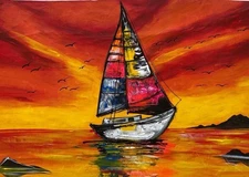 Original Painting On Canvas. Sailboat Coastal Decor. Ocean Seascape Art 11x14