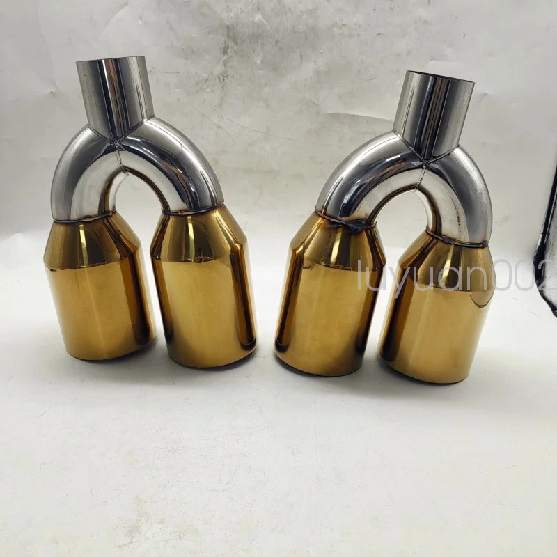 PAR DE PUNTA DE ESCAPE Dorada Cuádruple 4" Salida ESCALONADA L&R 2.5" ENTRADA DOBLE PARED ÁNGULO CORTE Foto 3 de 4