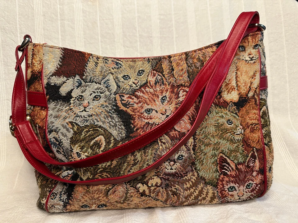 Bolso de hombro vintage de cuero rojo tapiz para gatos de SAS - Gatitos - Muchos bolsillos Foto 2 de 4