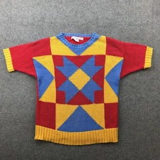 Vintage Geoffrey Beene Sweater Mens Small Red Yellow Blue Knit Short Sleeve 90s