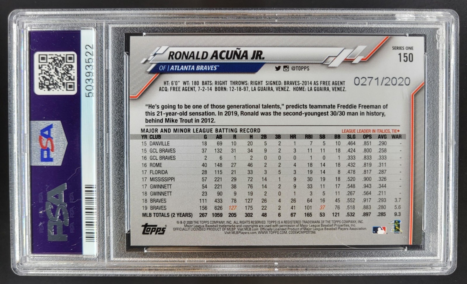 2020 Topps Ronald Acuna Jr. Gold /2020 #150 PSA 10 Atlanta Braves CN view 2