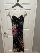 Anthropologie Black White Multicolor Floral Maxi Long Dress Short Sleeve L