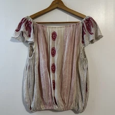 FREE PEOPLE Pukka Tee Embroidered Cotton Sand Tassel Pullover Top Size XS