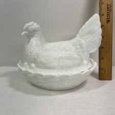 Milk Glass Large Nesting Chicken Hen on Baske...