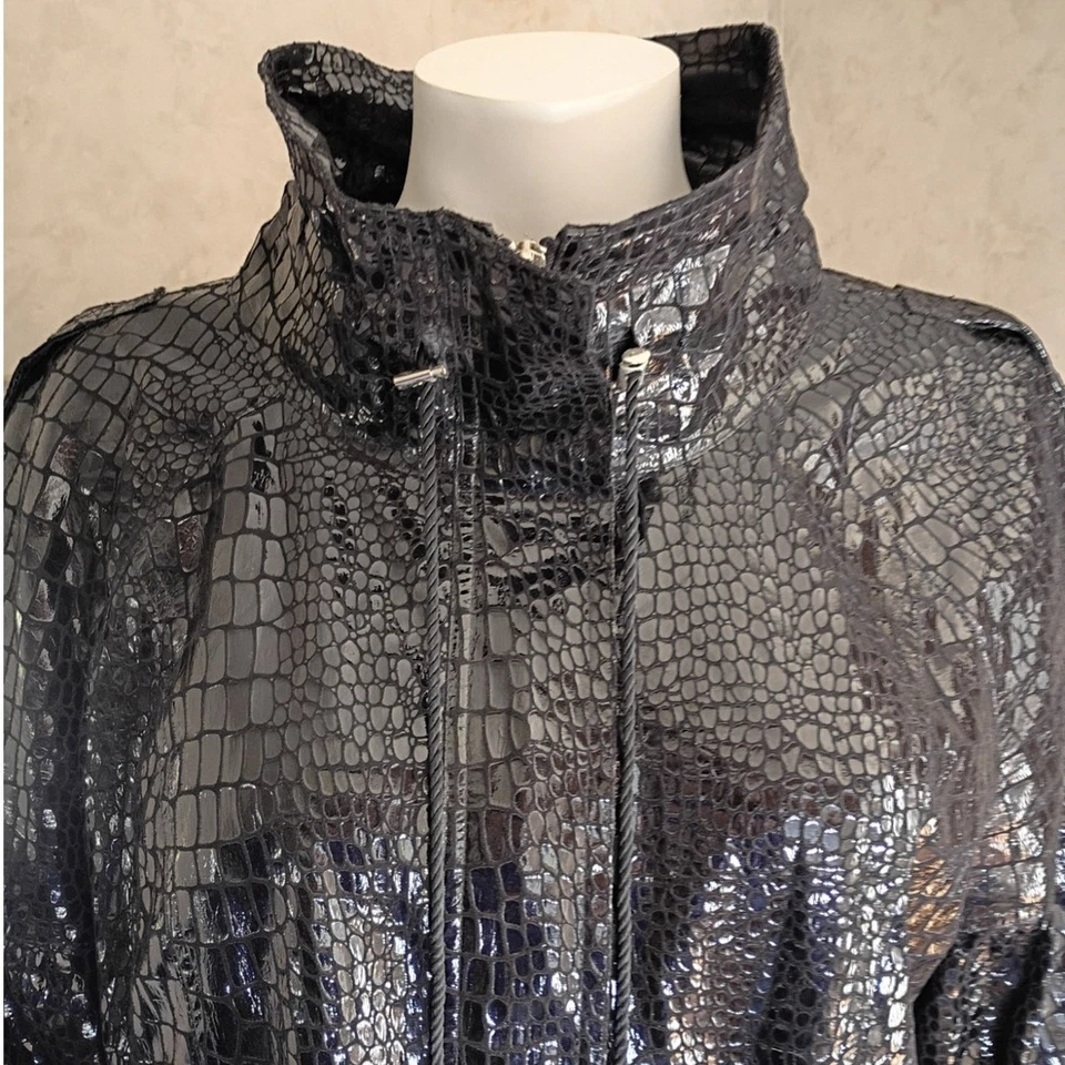 Chaqueta De Colección Berek Croc Negra Brillante Repujada XL Declaración Art-to-Wear Años 80 Glam Foto 3 de 4