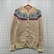 Vintage Wool Birds Eye Cardigan Sweater Womens Medium Beige Nordic Fair Isle
