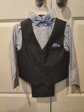 Andrew Fezza Boys 4-Piece Suit Set Size 8 Gray Vest Striped Shirt Blue Bow Tie