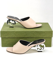 Gucci Marmont Heels Leather GG Base Interlocking Mule Beige UK 4 EU 37 US 7 111E
