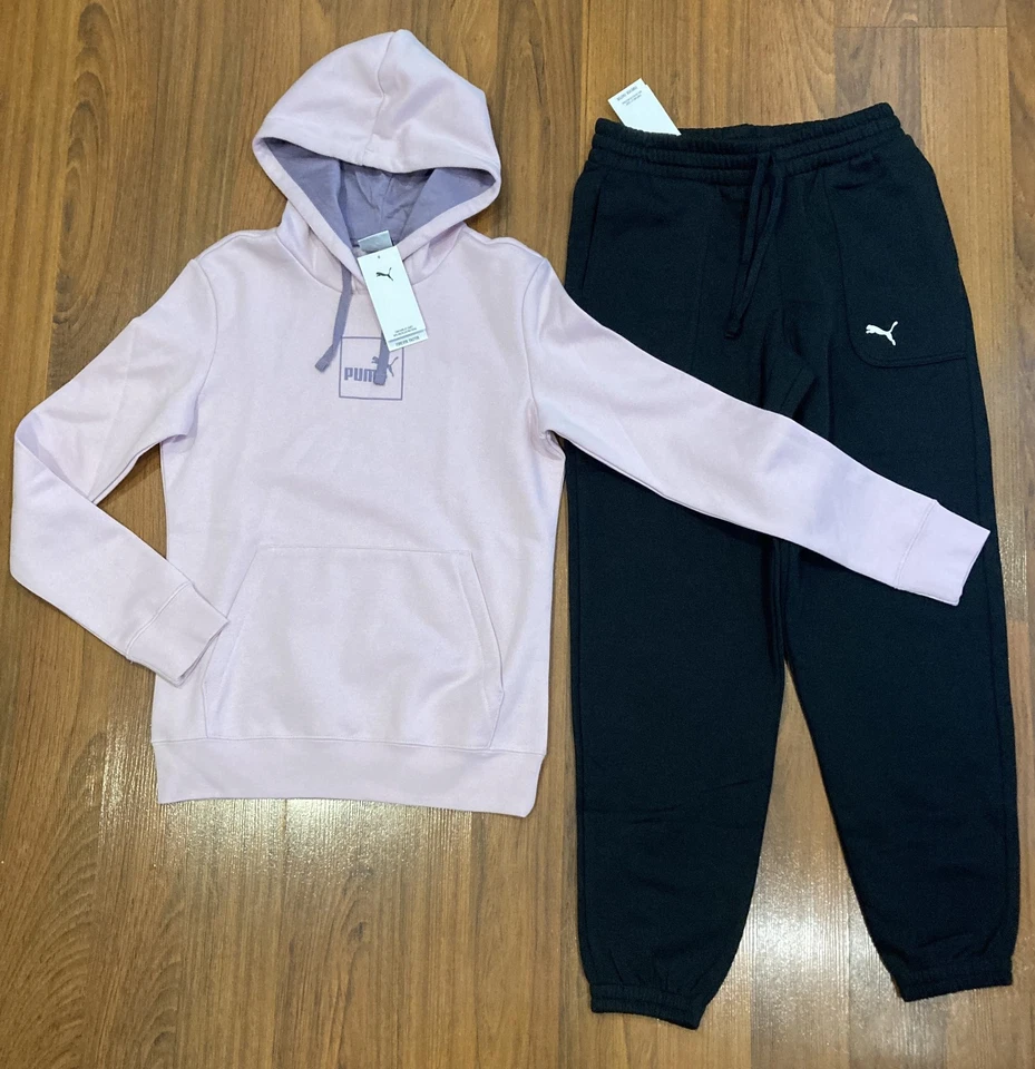 Conjunto de 2 piezas de chándal para mujer Puma negro/púrpura suéter con capucha pantalones talla S nuevo Foto 3 de 4