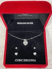 Sterling Silver 925 CZ Halo Heart Pendant Necklace & Earring Set x Giani Bernini
