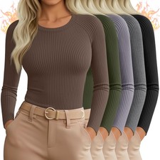 5 Pack Women's Thermal Long Sleeve Shirts Ribbed Knit Cotton Tops Crewneck Wa...