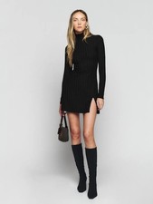 Reformation Libra Black Ribbed Mini Dress | Size L | TENCEL Mock Neck | Slit