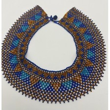 Vintage Statement Beaded Collar Necklace Blue Gold Geometric Bib 16"