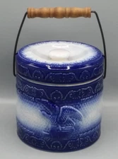 Blue & White Salt Glaze Stoneware Butter Crock Wooden Bail Handle