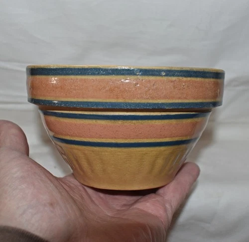 antique small 5 ¼” farmhouse yellow ware striped mixing bowl MCCOY? Stoneware A+