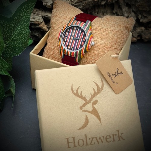 Holzwerk LINZ RED bunte moderne kleine Leder & Holz Armband Uhr, dunkel rot - Picture 7 of 7