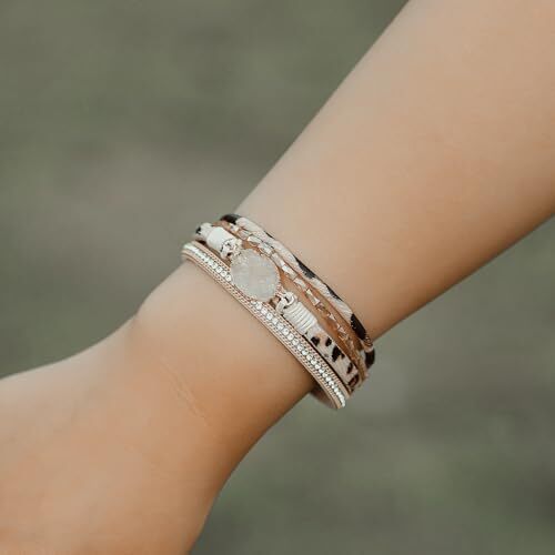 Pulseras envolventes de cuero bohemio pulseras de cristal de moda leopardo en capas - Imagen 2 de 6