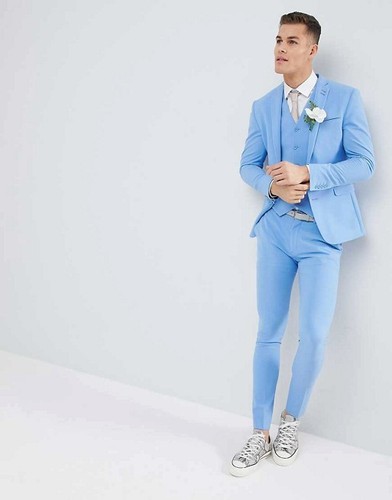 3 Piece Sky Blue Men Slim Fit Suit Groom Tuxedo Prom Wedding Party Dinner Custom - Picture 2 of 11