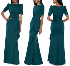 $229 Xscape Green Ruffled & Ruched Puff Sleeve Scuba Gown 6 NEW X309