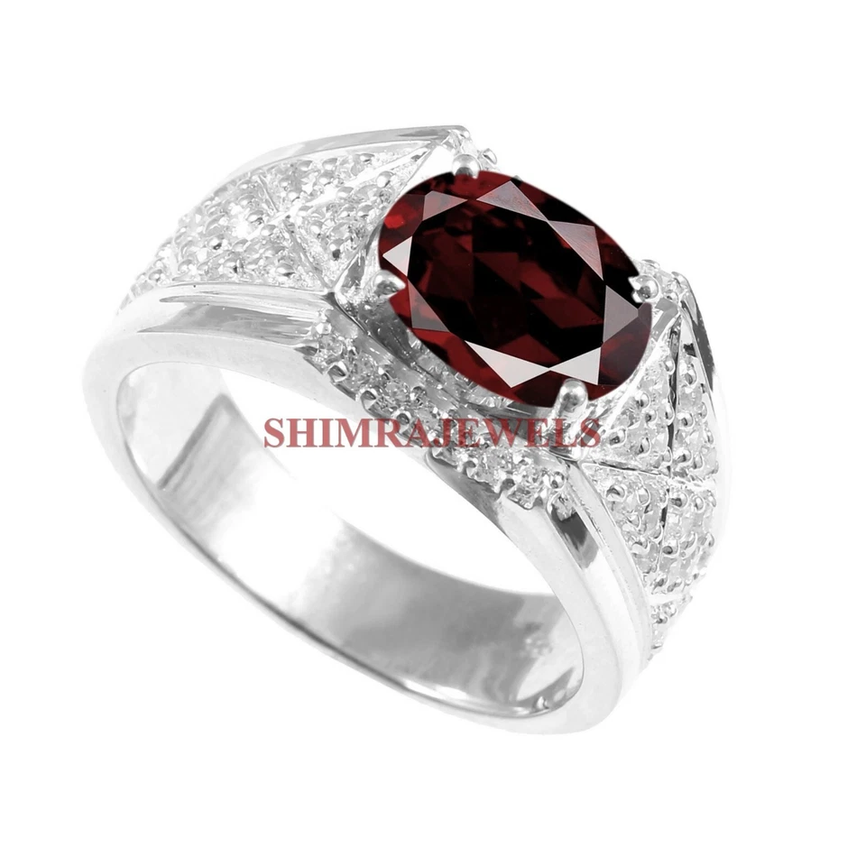 Piedra preciosa de granate natural con anillo de plata enchapado en oro blanco de 14K para hombre #463 Foto 2 de 4