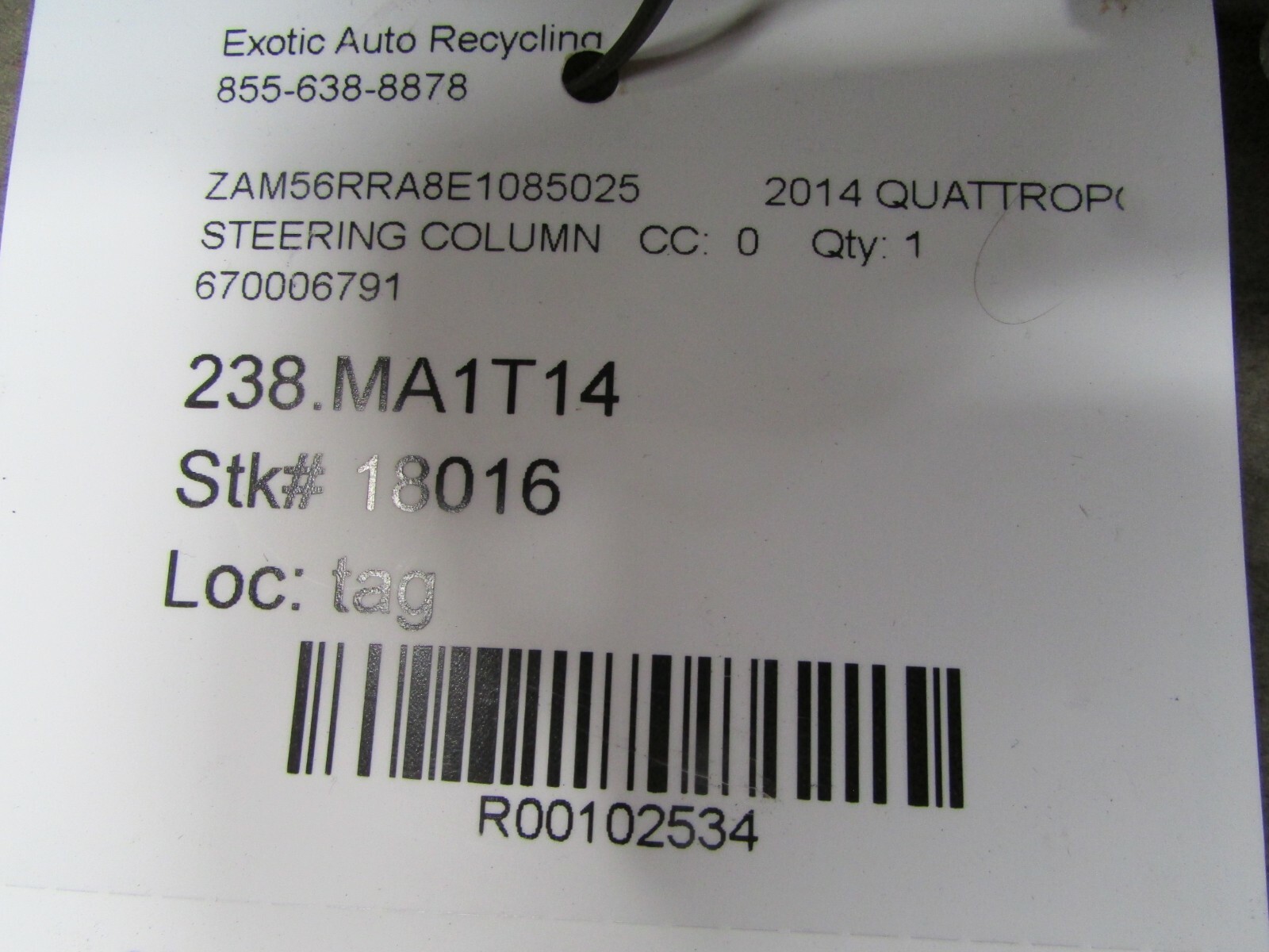 2014 Maserati Quattroporte, Steering Rod, Steering Column, Used, P/N 670006791