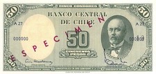 Chile  5 Cent. / 50 Pesos  ND. 1960  Specimen  Series A 27 Uncirculated Banknote