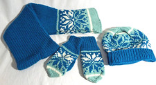 Handmade Youth Knit Hat and Scarf Set in Blue Ivory Light Green