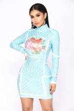 Fashion Nova Fleur Pearl Long sleeve Mini Dress Blue Size Large