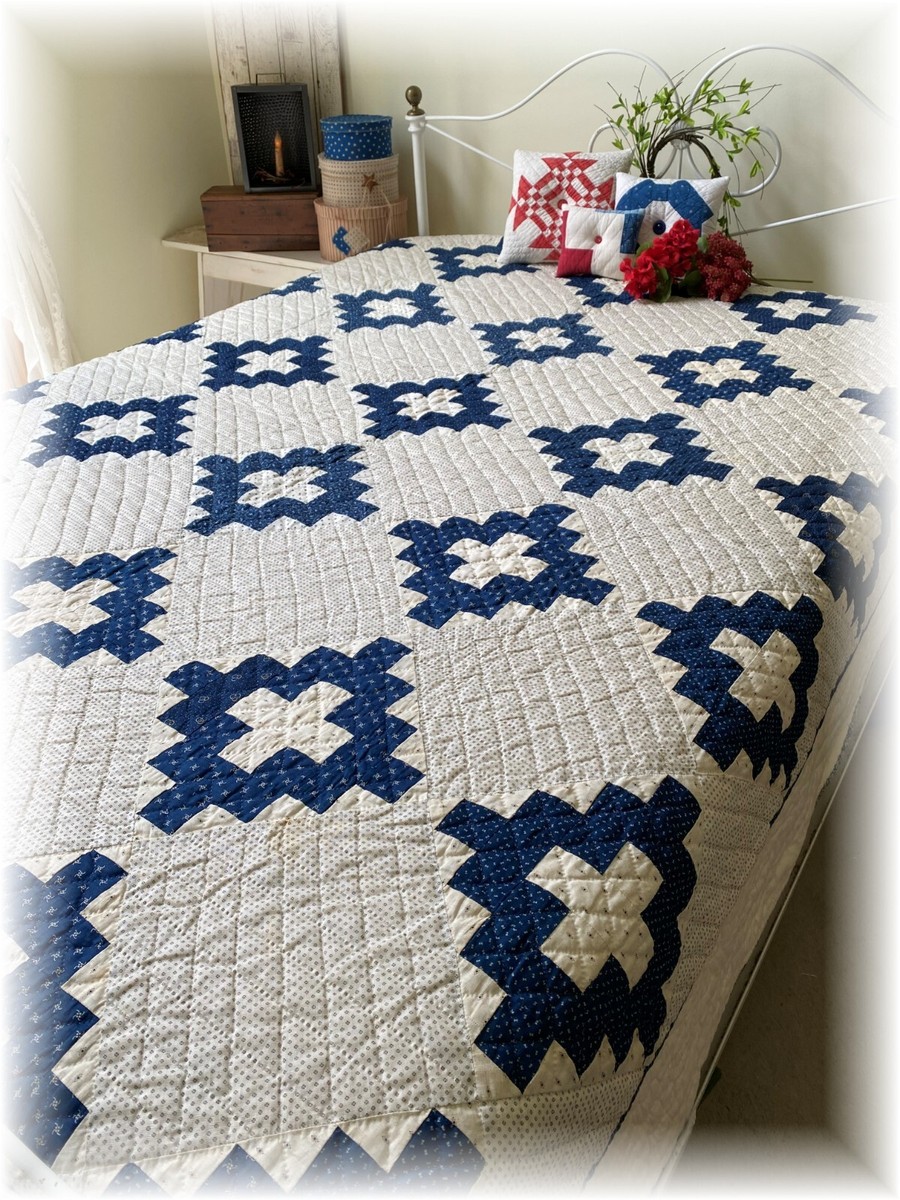 Antique Vintage Chimney Sweep Quilt Blue White Early Hand Stitched