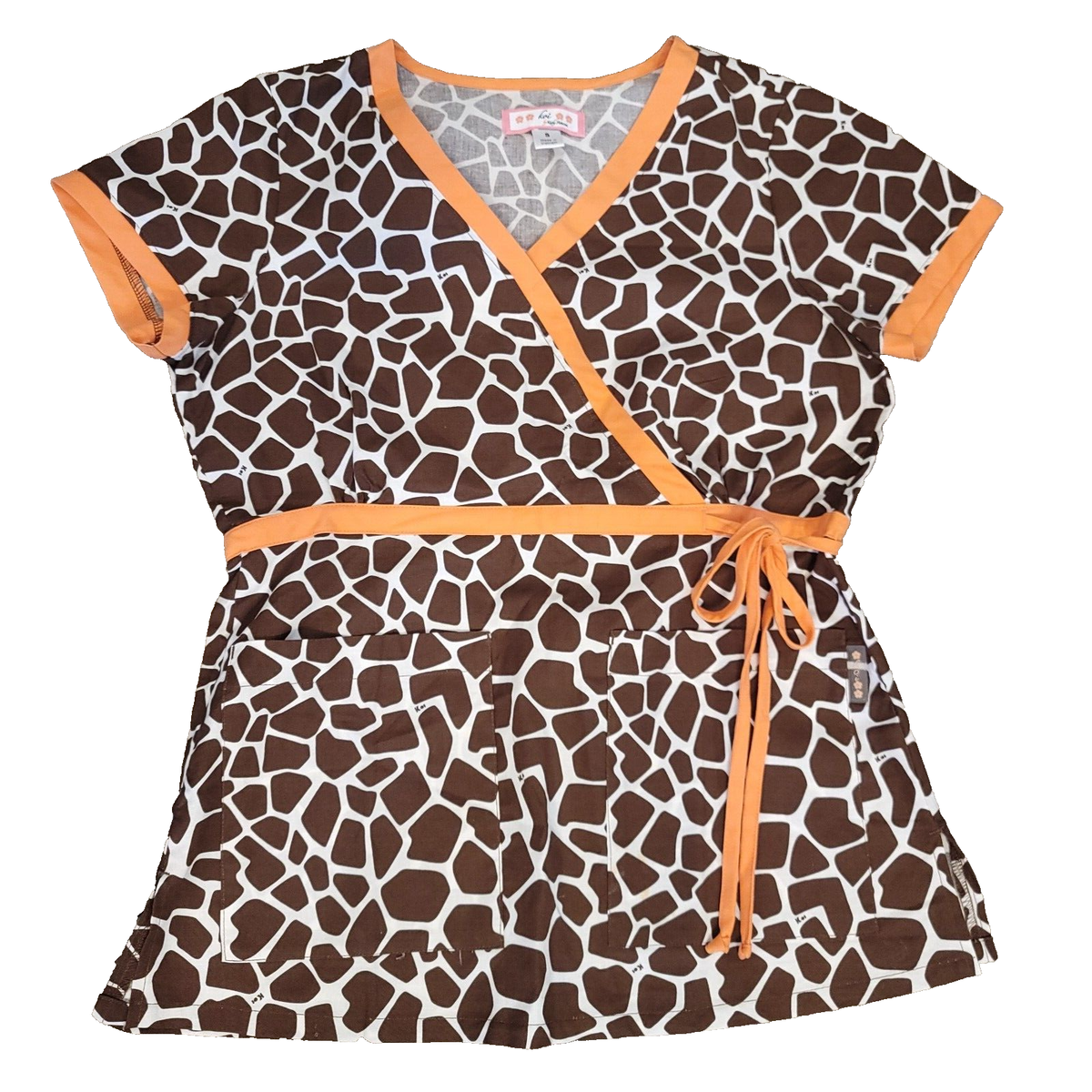 Koi Scrub Top All Over Giraffe Pattern Print Peach Trim Sz Small