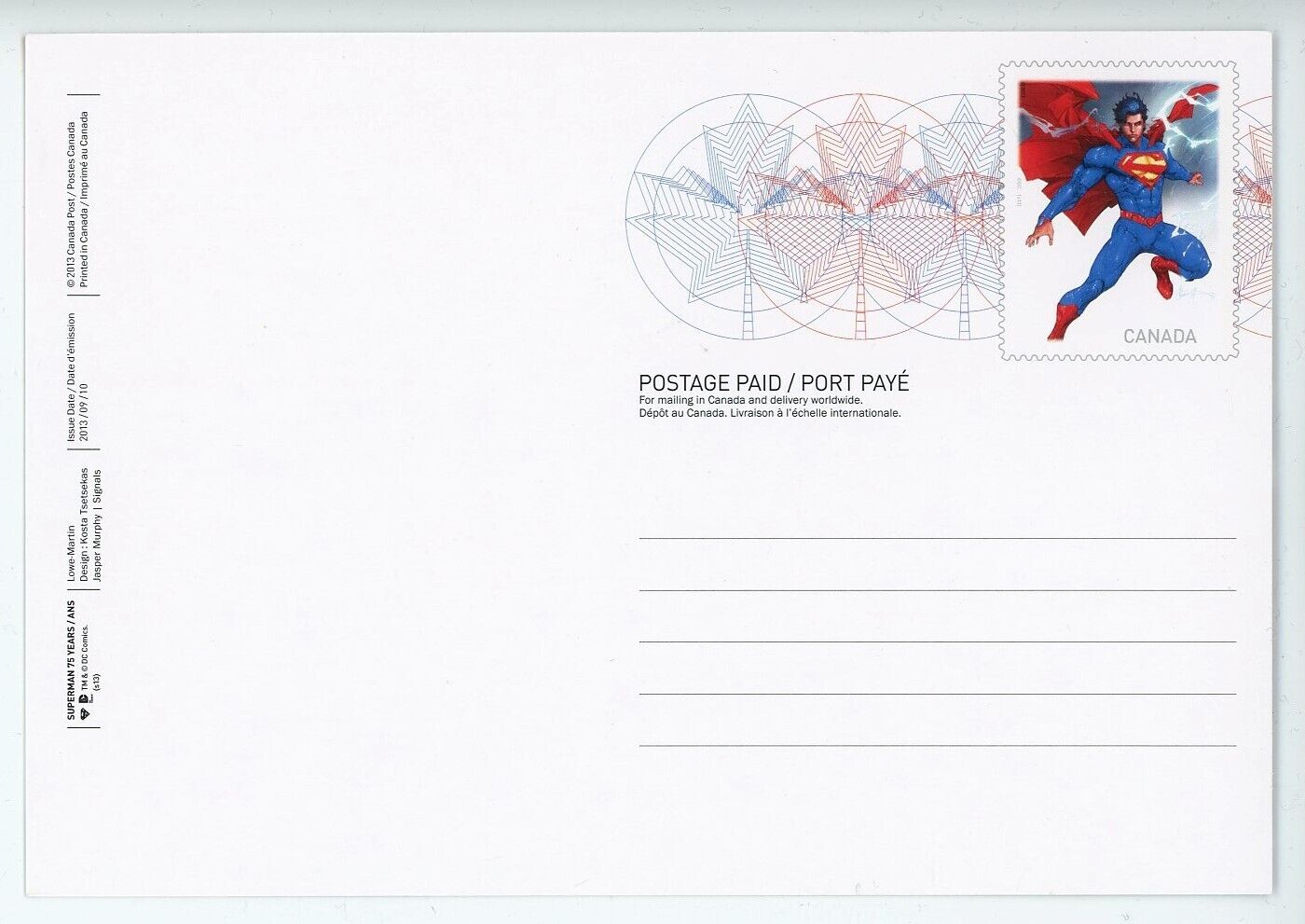 Superman DC Comics 2013 Postcards Pre Paid Postage Canada Set of 5 #20327*