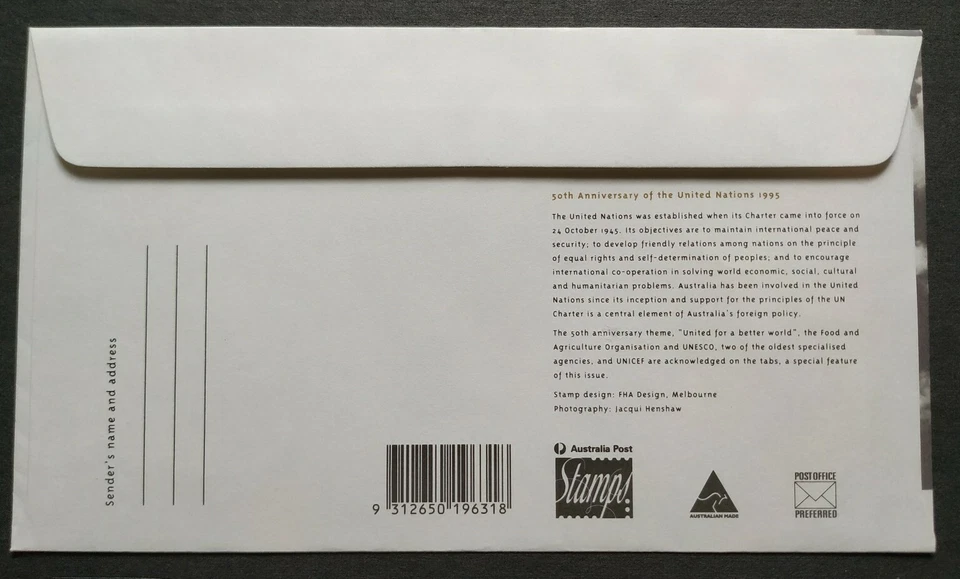 1995 Australia 50th Anniversary United Nations 4v Stamps FDC - Image 2 of 2