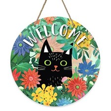 Welcome Spring Black Cat Sign for Front Door Decor, Daisy Flowers Floral Wood...