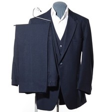 46L Long Vintage Sears Navy-Blue Pinstripe Poly 3-Piece Suit 39x32 Trousers Vest