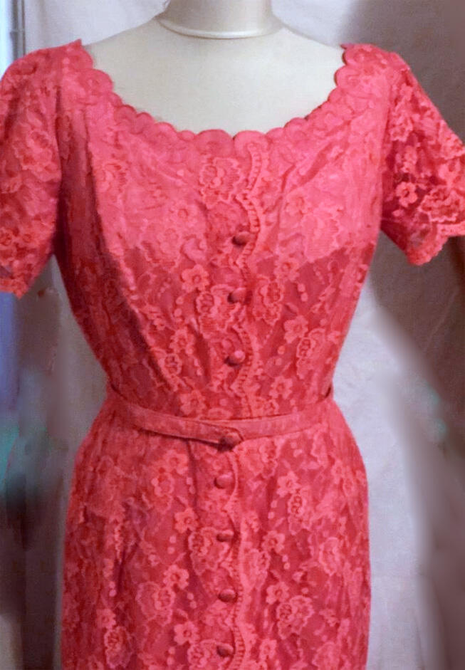 vintage Pink Coral Lace Pencil Dress 