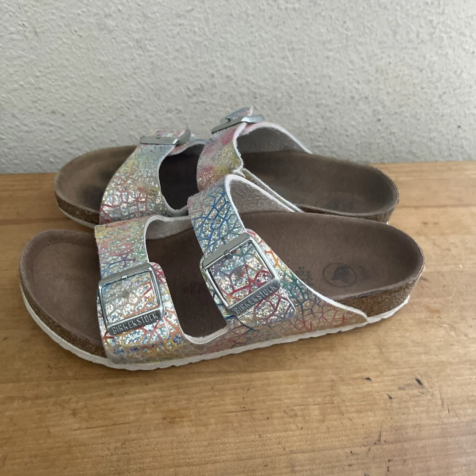 BIRKENSTOCK Kids Arizona Vegan Flashy Hologram Silver Microfiber Sandal Sz 34 - Image 4 of 4