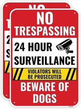 2PC 24 Hour No Trespassing 24 Surveillance Beware of Dogs Sign