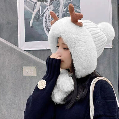ぽむ Plush Hat Women Winter Faux Fur Warm Knit Crochet Skull Cap with