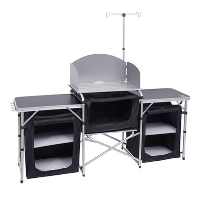 Folding Camping Kitchen Table with Windshield, Light Stand, Organizers & Bag