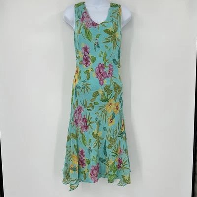 Vtg Y2K Silk Tropical Fairy Midi Dress Womens 14 Petities Bias Floral Hanky Hem - Image 1 of 4