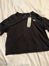 Adidas Womens Black Cropped Studio Crew Neck T Shirt Stretch Size L NWT