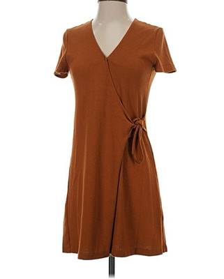 Madewell Linen Brown Solid Knit V-Neck Wrap Tie Stretch Mini Dress Women s XS