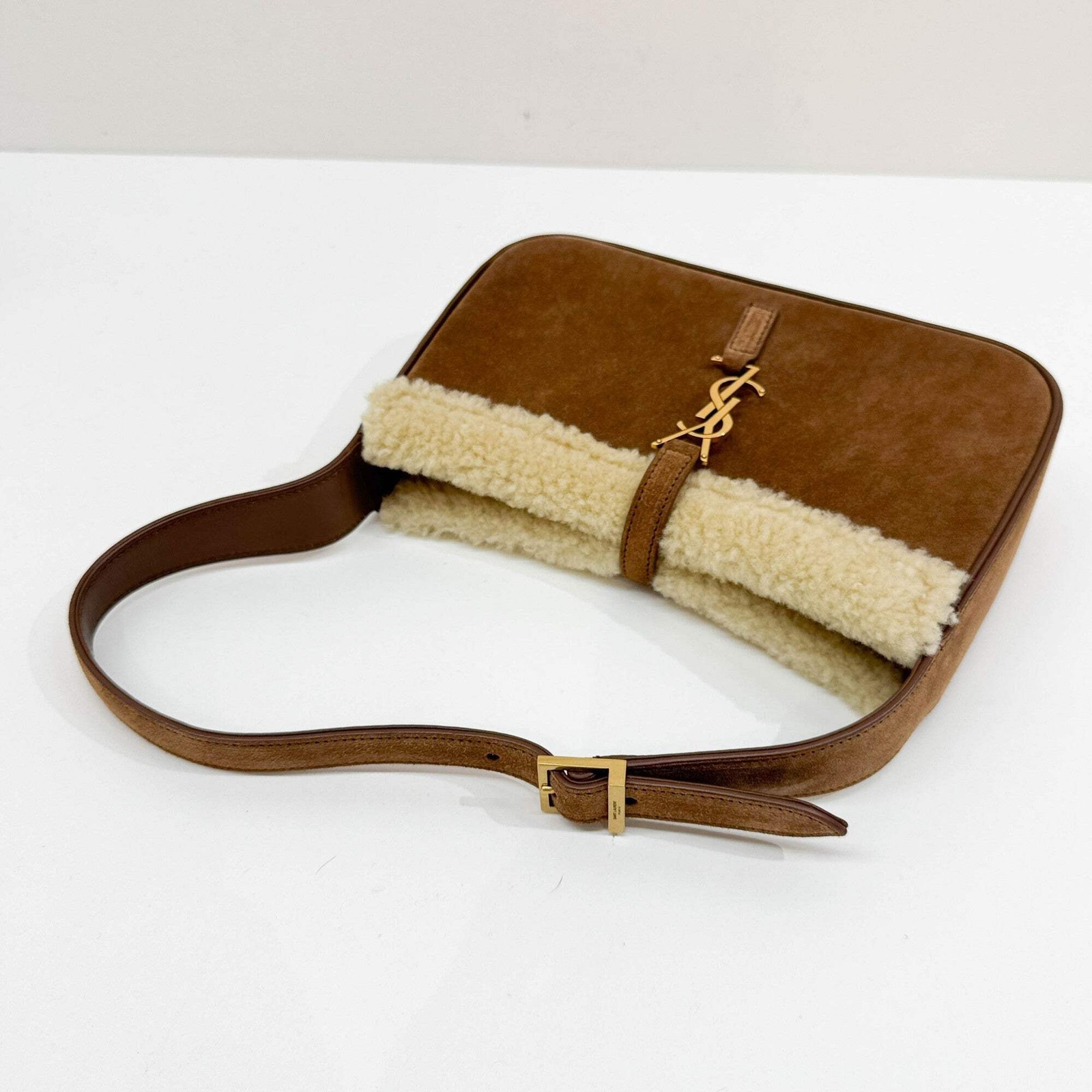 SAINT LAURENT Fur Trim Brown Suede Shoulder Bag thumbnail 7