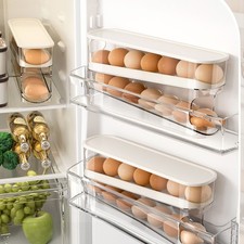 2 Tier Auto Rolling Egg Holder with Lid, Fridge Door Storage Box Holds 14 Eggs