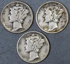 1936-PDS 10C MERCURY SILVER DIME 3 Coins KM# 140 Grade:  VG+ A6643
