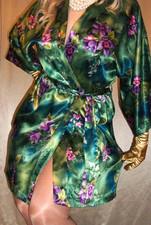 Vtg Purple Floral Green Short Satin Wrap Robe L